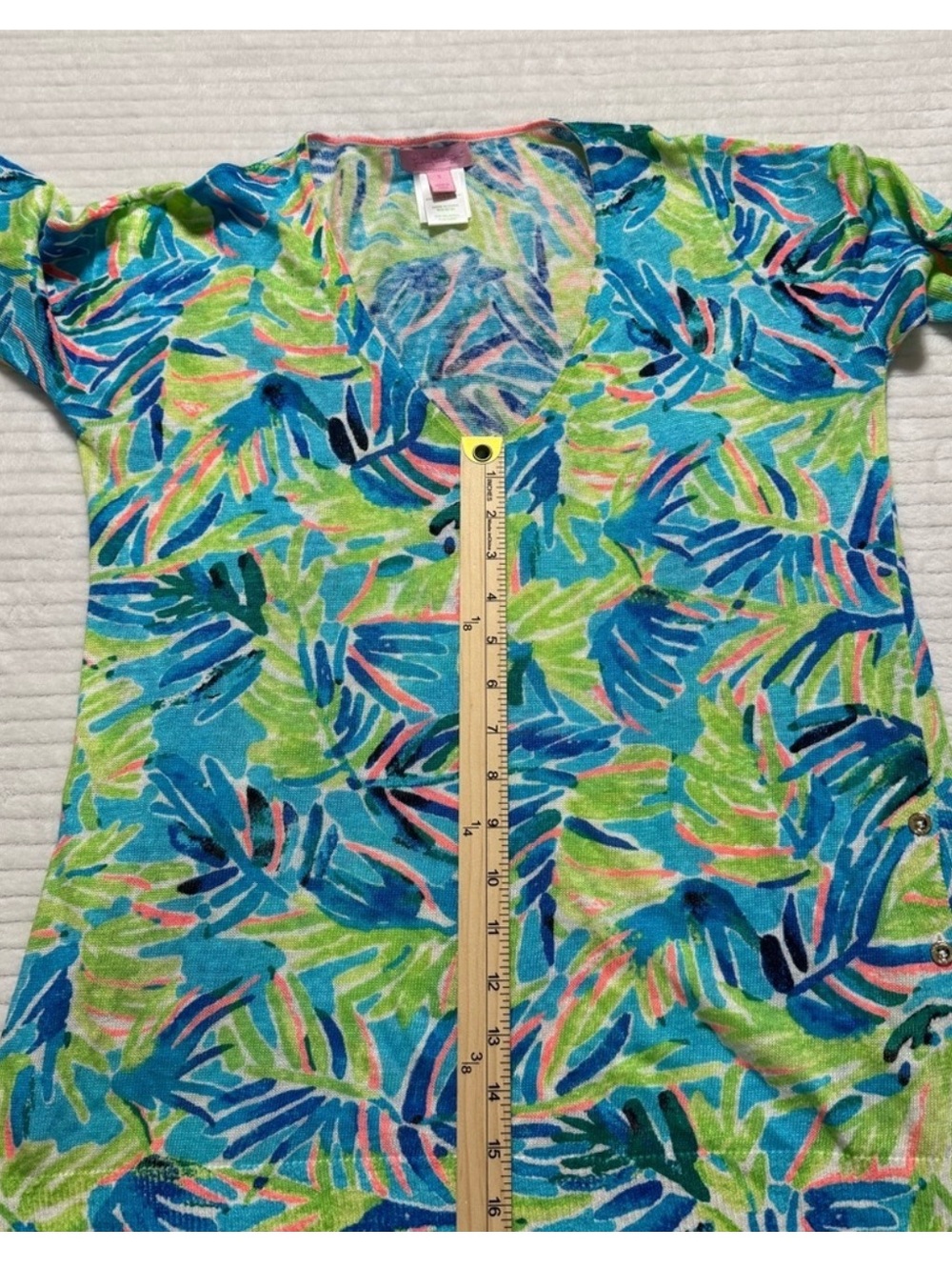 Lilly Pulitzer Blue Green Pink Tropical Leaf V-Neck Long Sleeve Top - Picture 9 of 11